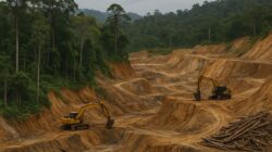 Ilustrasi digital tambang ilegal di kawasan hutan, menggambarkan penertiban oleh Satgas PKH.