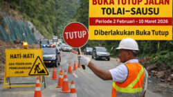 Ilustrasi buka tutup jalan Tolai Sausu oleh BPJN Sulawesi Tengah Februari hingga Maret 2026.