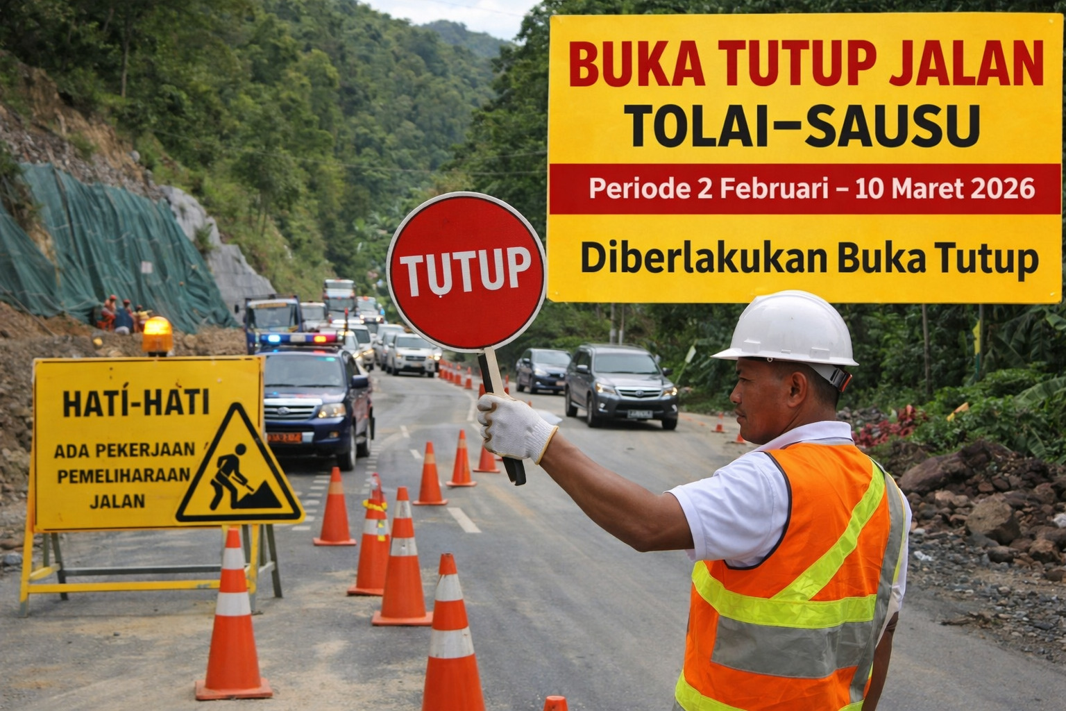 Ilustrasi buka tutup jalan Tolai Sausu oleh BPJN Sulawesi Tengah Februari hingga Maret 2026.