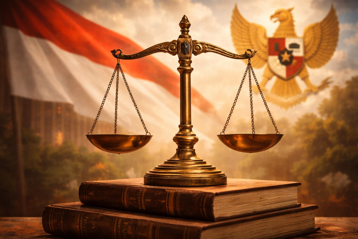 Timbangan hukum di atas buku undang-undang dengan latar bendera Indonesia sebagai simbol keadilan dan negara hukum.