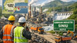 Ilustrasi kawasan industri nikel NEPIE di Siniu, Parigi Moutong, dengan smelter, truk pengangkut ore, dan PLTA Banggaiba sebagai sumber energi hijau.