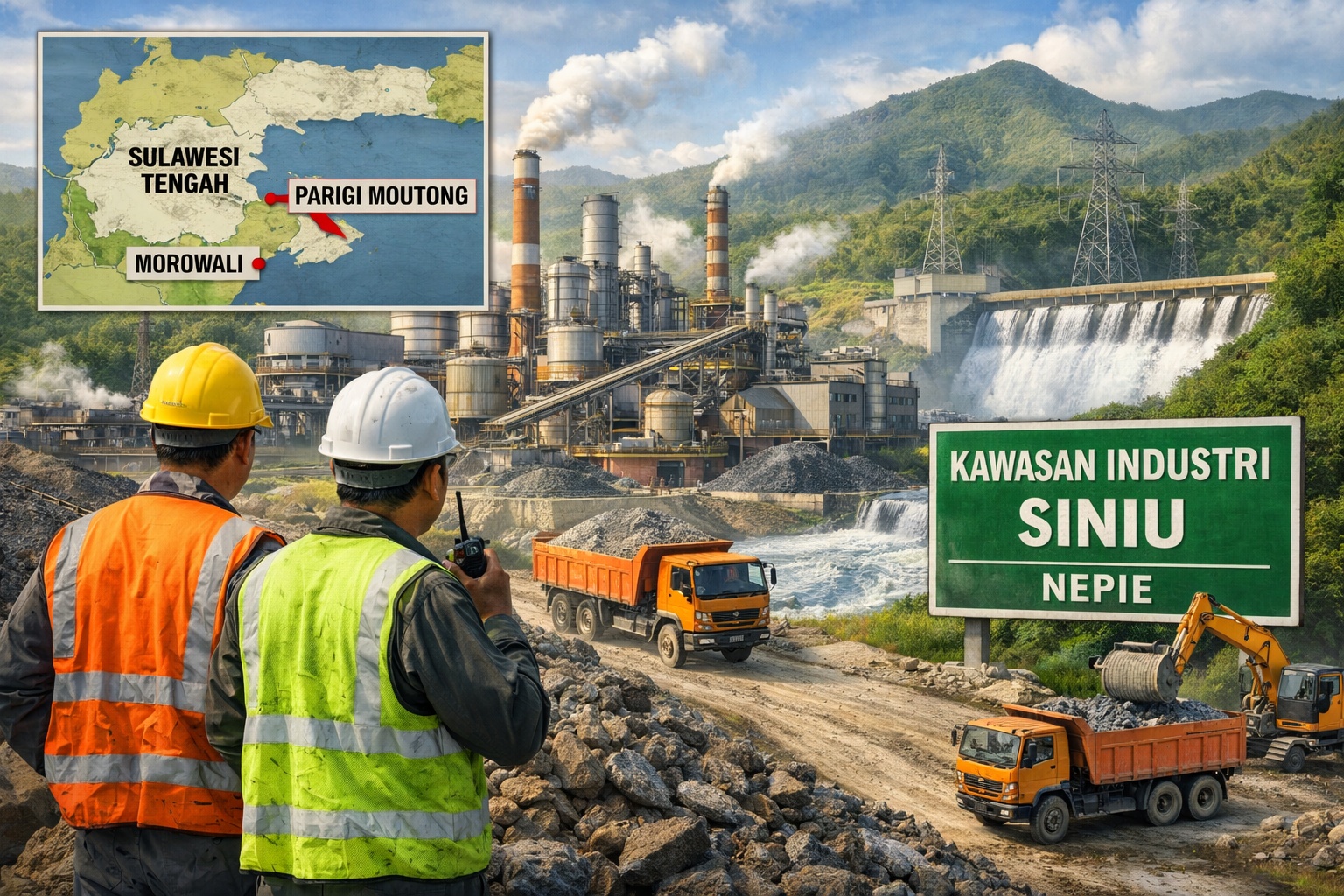 Ilustrasi kawasan industri nikel NEPIE di Siniu, Parigi Moutong, dengan smelter, truk pengangkut ore, dan PLTA Banggaiba sebagai sumber energi hijau.